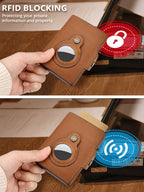 LuxeShield™ RFID Leather Card Holder Wallet – Premium First-Layer Cowhide Automatic Pop-Up Card Case with AirTag Anti-Loss Protection