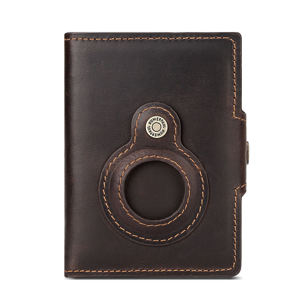 LuxeShield™ RFID Leather Card Holder Wallet – Premium First-Layer Cowhide Automatic Pop-Up Card Case with AirTag Anti-Loss Protection
