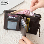 RFID Blocking Leather Wallet for Men – Double Zipper Coin Pocket, Compact Bifold Short Wallet (Anti-Theft & Secure)