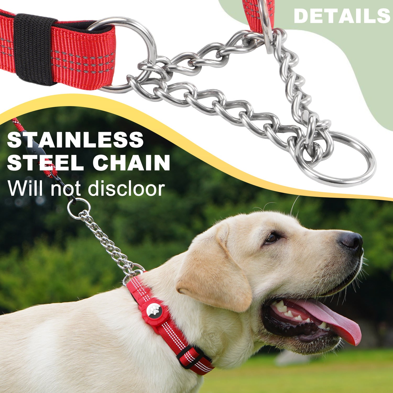 Heavy-Duty Dog Training Collar with AirTag Holder – Adjustable Metal Chain Collar, Escape-Resistant Pet Collar for Medium & Large Dogs