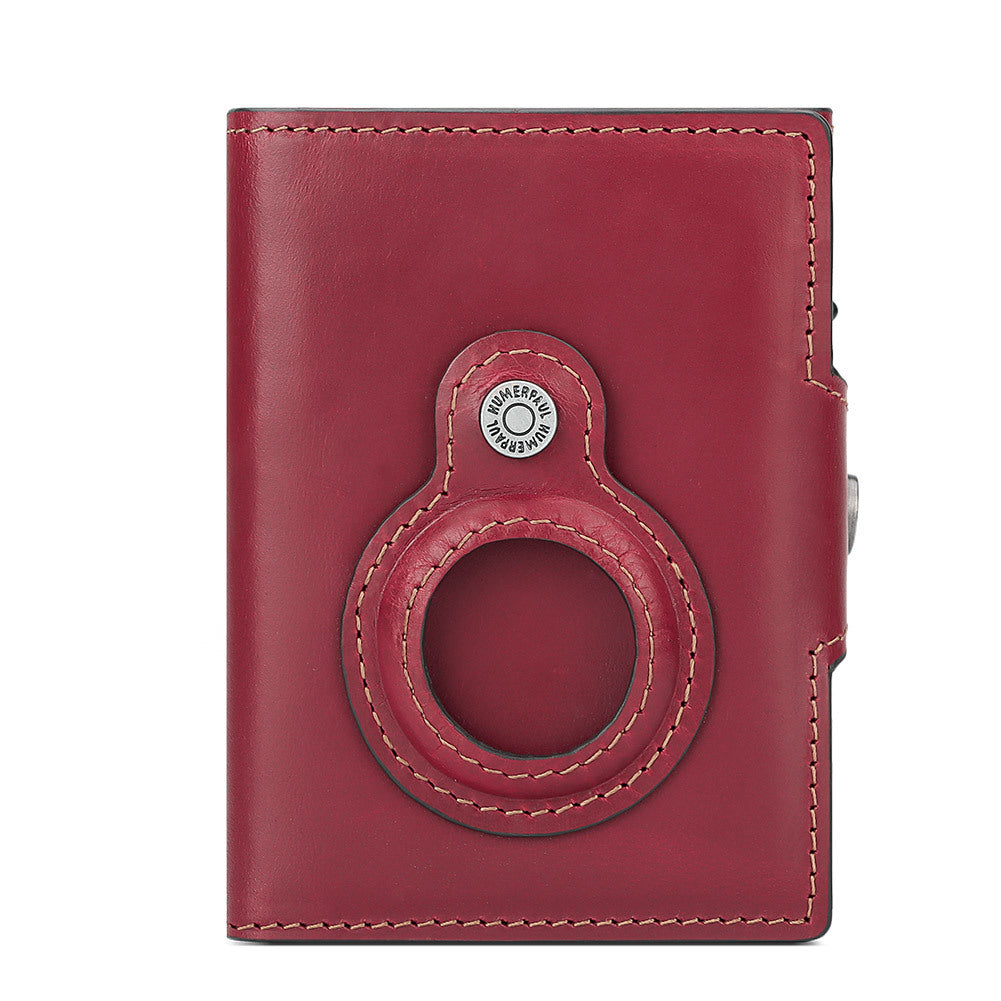 LuxeShield™ RFID Leather Card Holder Wallet – Premium First-Layer Cowhide Automatic Pop-Up Card Case with AirTag Anti-Loss Protection