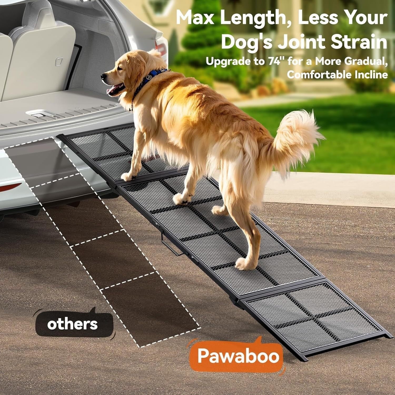 Foldable metal dog ramp set up against a vehicle for easy pet access