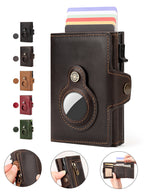 LuxeShield™ RFID Leather Card Holder Wallet – Premium First-Layer Cowhide Automatic Pop-Up Card Case with AirTag Anti-Loss Protection
