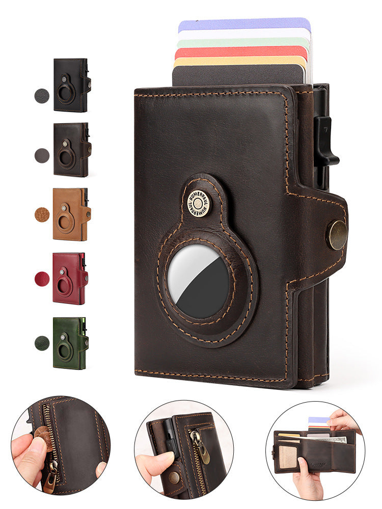 LuxeShield™ RFID Leather Card Holder Wallet – Premium First-Layer Cowhide Automatic Pop-Up Card Case with AirTag Anti-Loss Protection