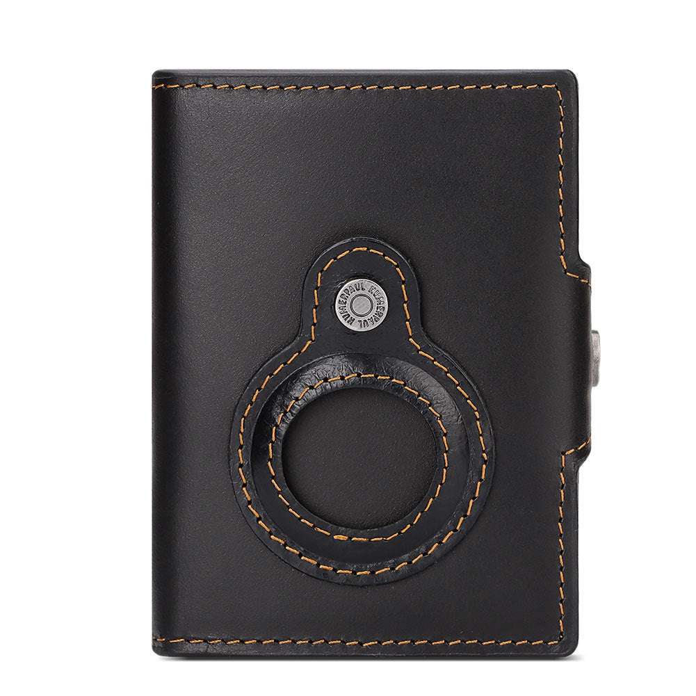 LuxeShield™ RFID Leather Card Holder Wallet – Premium First-Layer Cowhide Automatic Pop-Up Card Case with AirTag Anti-Loss Protection