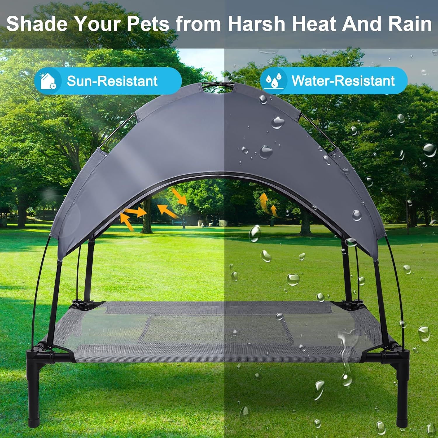 Outdoor Elevated Dog Bed with Canopy – Cooling Mesh Cot with UV Sun Shade