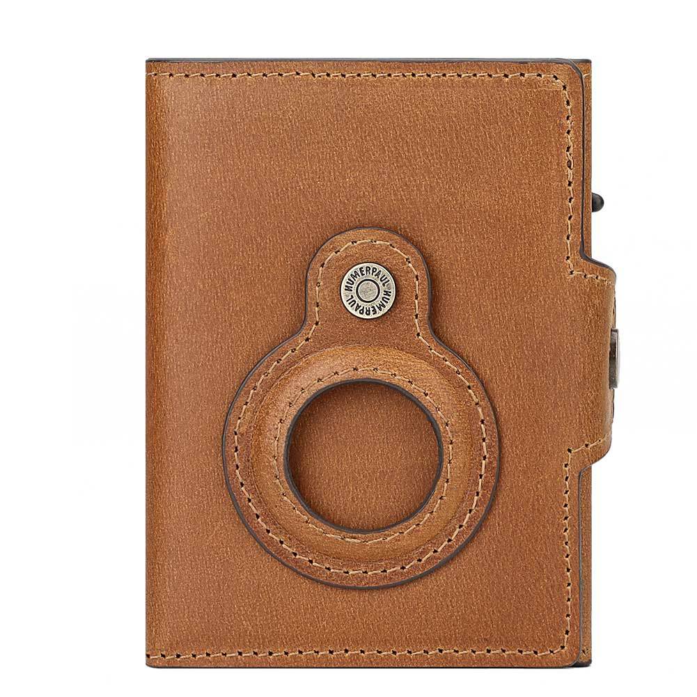 LuxeShield™ RFID Leather Card Holder Wallet – Premium First-Layer Cowhide Automatic Pop-Up Card Case with AirTag Anti-Loss Protection