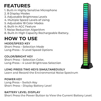 USB Rechargeable Voice Sensitive Music Rhythm RGB Pickup Lamp for Gaming Laptop Desktop Car Dashboard TV & Soundbar Sync 32 Bit Rythm Light (Pack of 1, Black)