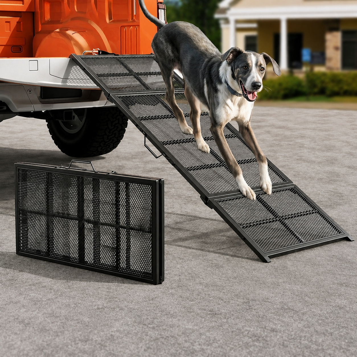 Portable folding non-slip metal dog ramp for cars, SUVs and trucks