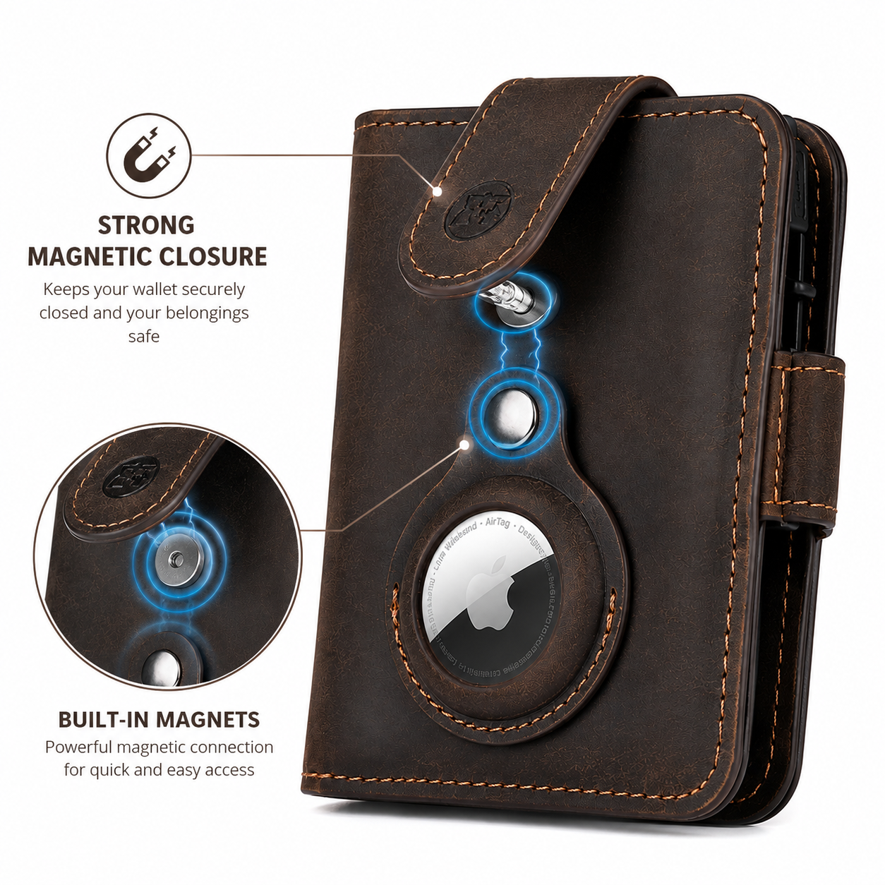 Men's Crazy Horse Leather AirTag Bifold Wallet – RFID Blocking with Card Ejector