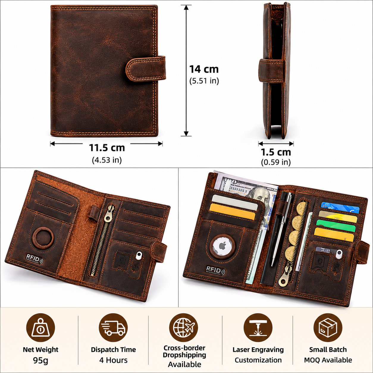 Genuine Leather RFID Passport Holder – AirTag Travel Wallet with Anti-Theft Protection