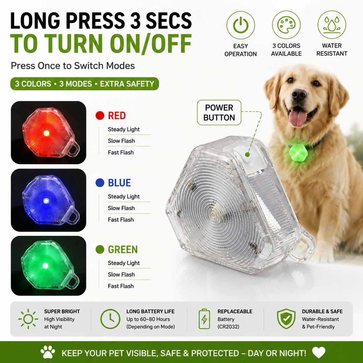 LED Dog Safety Light – USB Rechargeable, Waterproof, 3 Modes & 3 Colors for Night Walks