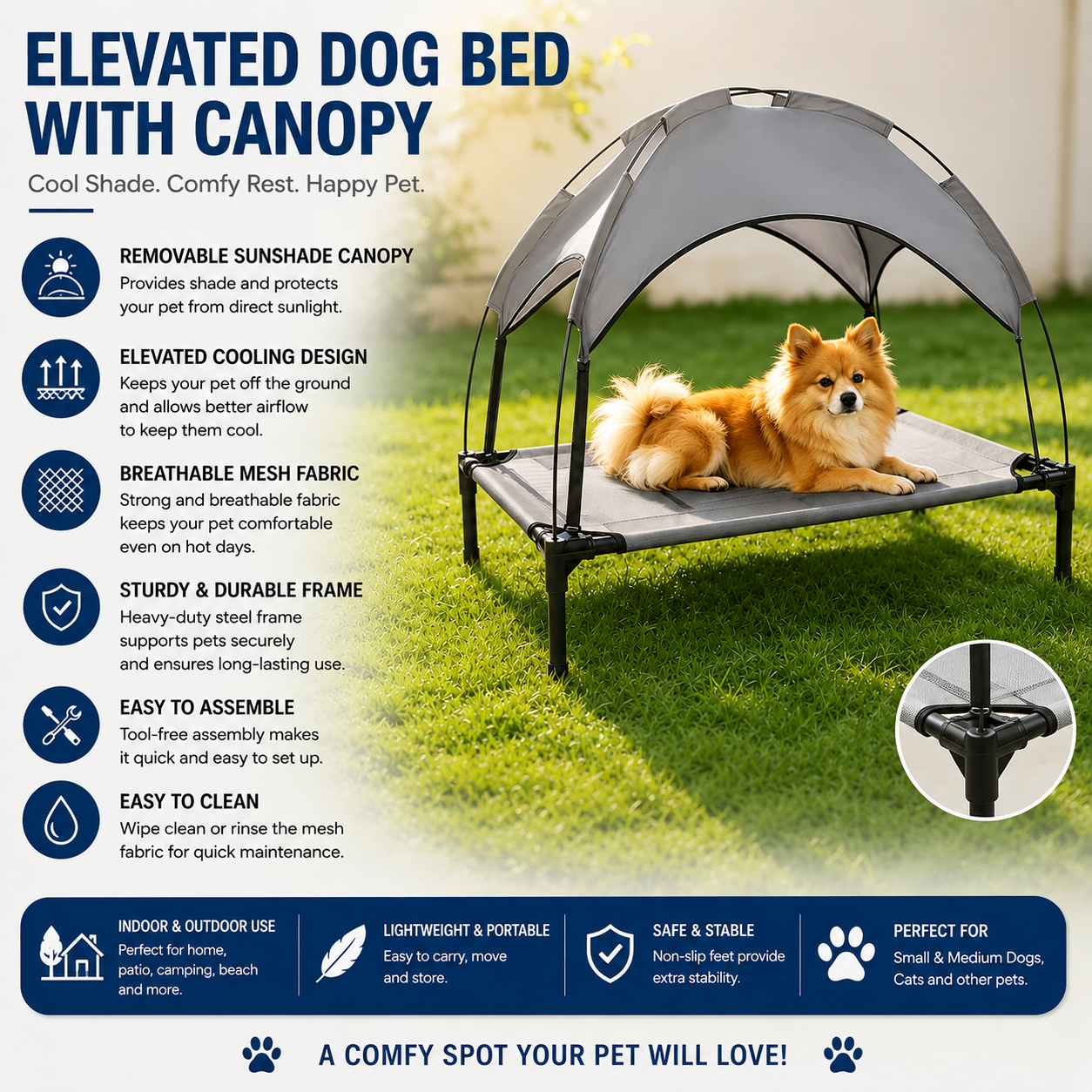 Outdoor Elevated Dog Bed with Canopy – Cooling Mesh Cot with UV Sun Shade
