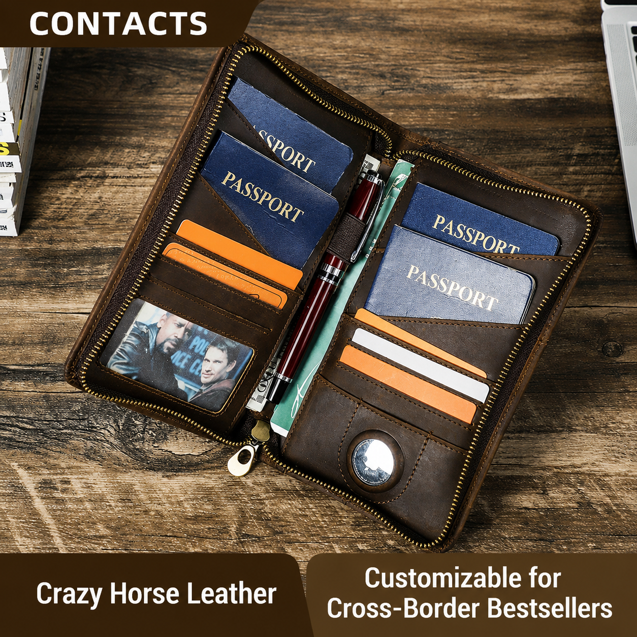 Crazy Horse Leather Family Passport Holder with AirTag Slot – RFID