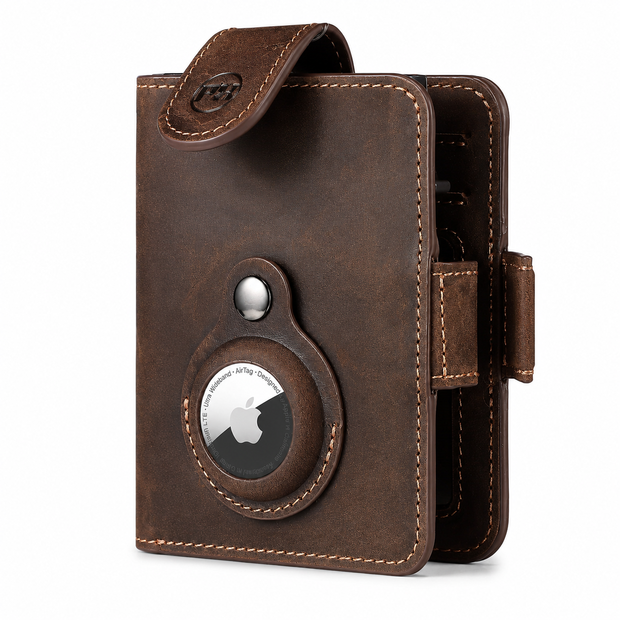 Men's Crazy Horse Leather AirTag Bifold Wallet – RFID Blocking with Card Ejector