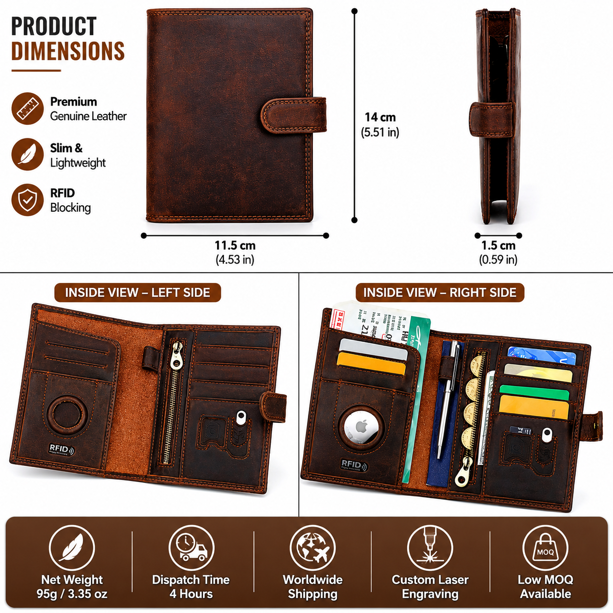 Genuine Leather RFID Passport Holder – AirTag Travel Wallet with Anti-Theft Protection