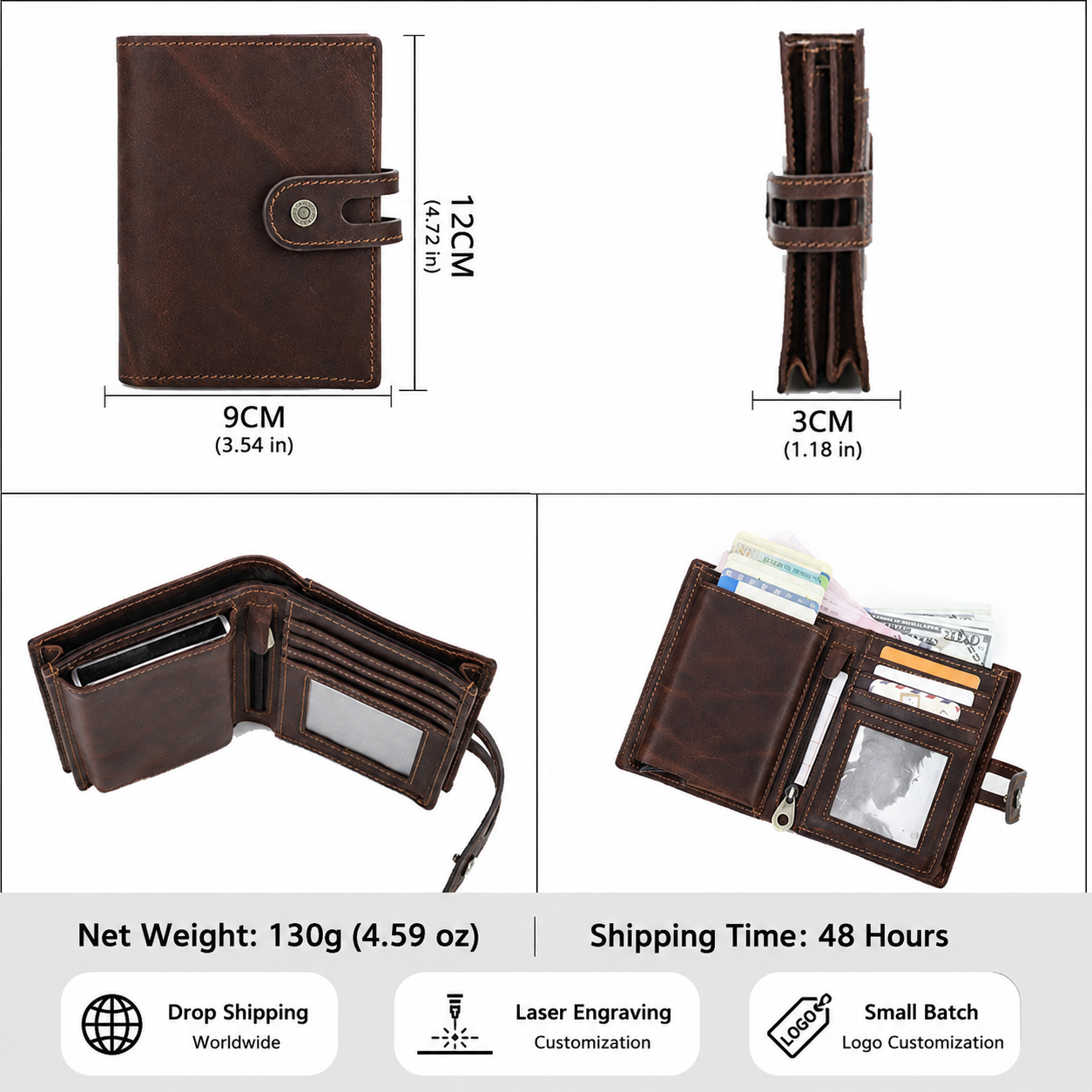 Premium RFID Blocking Men’s Wallet with AirTag Slot – Genuine Cowhide Leather Bifold Wallet with Pop-Up Card Case
