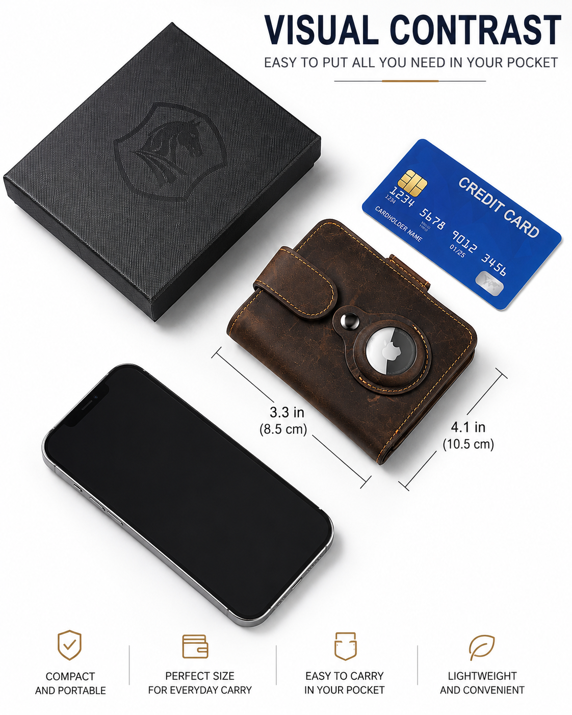 Men's Crazy Horse Leather AirTag Bifold Wallet – RFID Blocking with Card Ejector