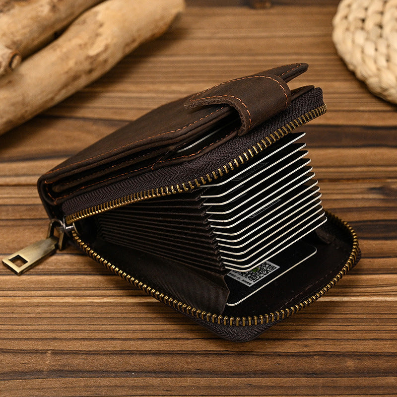 Crazy Horse Leather RFID Wallet – Accordion Card Holder with Cash Compartment