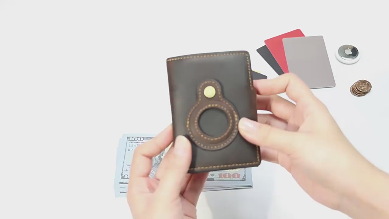 LuxeShield™ RFID Leather Card Holder Wallet – Premium First-Layer Cowhide Automatic Pop-Up Card Case with AirTag Anti-Loss Protection