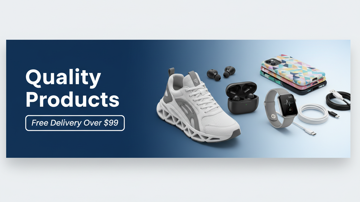 quality product, free delivery over $99, full size banner for website. which includes shoe, electric gadgets , mobile accessory etc