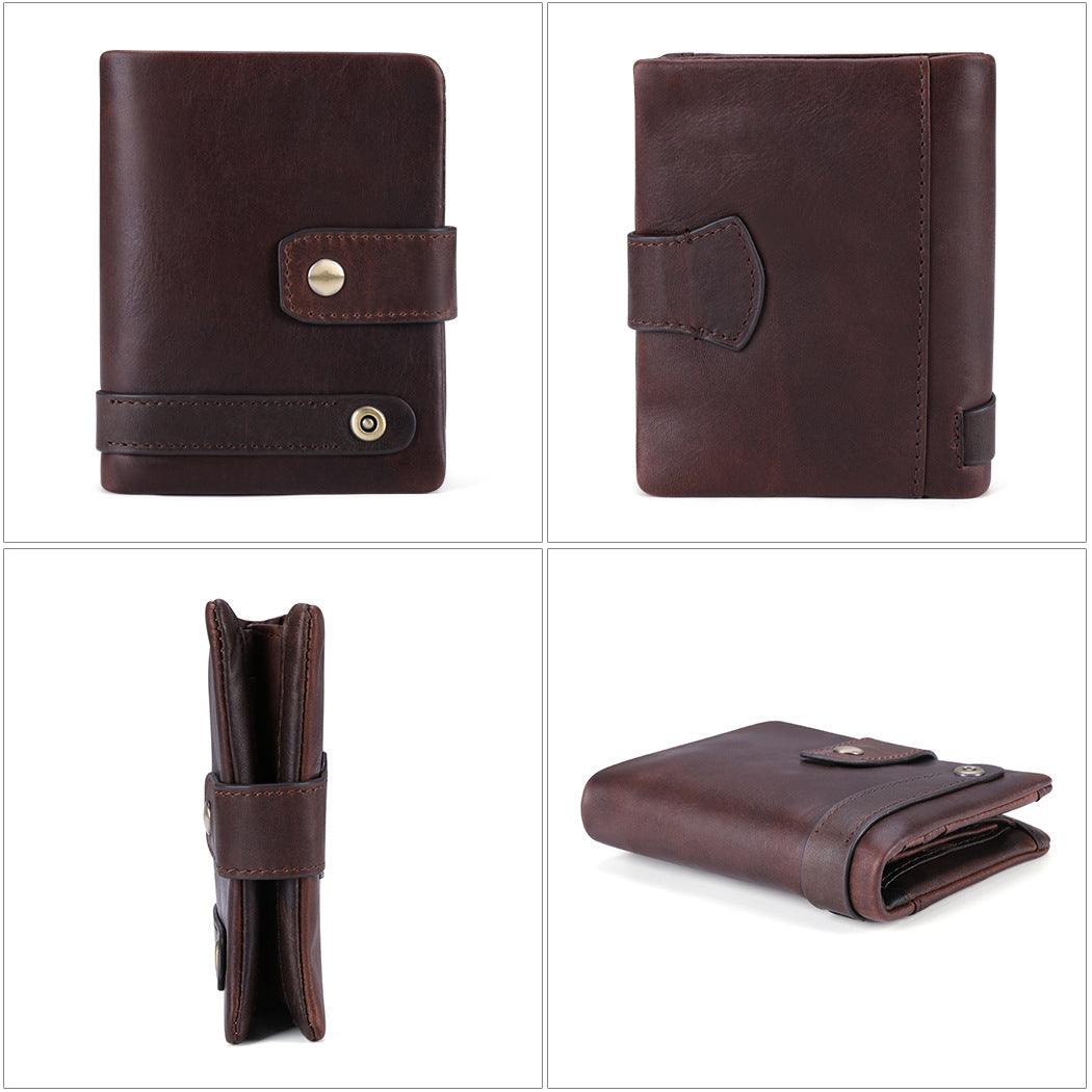 Men's Top-Grain Leather RFID Bifold Wallet – Coin Pocket & Multi-Card Holder