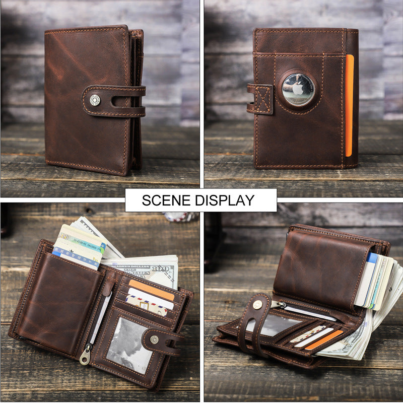 Premium RFID Blocking Men’s Wallet with AirTag Slot – Genuine Cowhide Leather Bifold Wallet with Pop-Up Card Case
