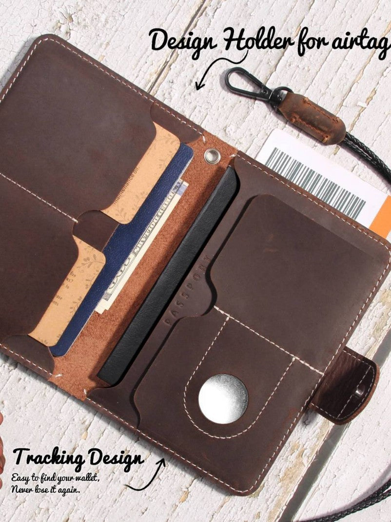 Genuine Leather Family RFID Passport Holder with AirTag Slot – Luxury Travel Document Organizer