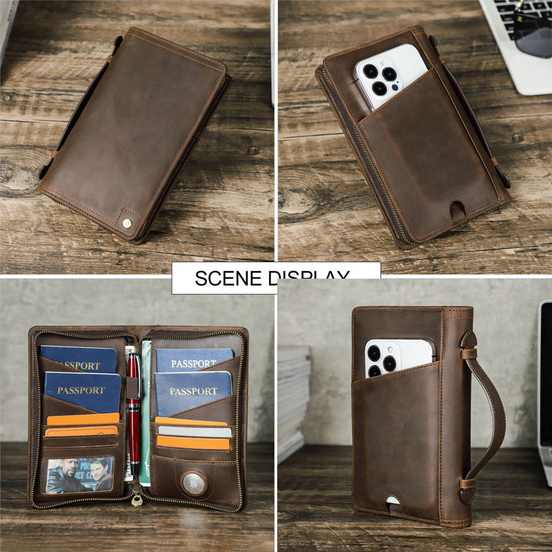 Crazy Horse Leather Family Passport Holder with AirTag Slot – RFID
