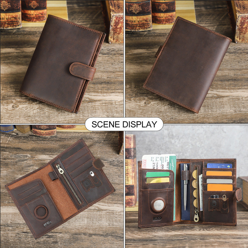 Genuine Leather RFID Passport Holder – AirTag Travel Wallet with Anti-Theft Protection