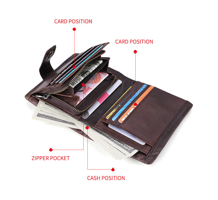 Men's Top-Grain Leather RFID Bifold Wallet – Coin Pocket & Multi-Card Holder
