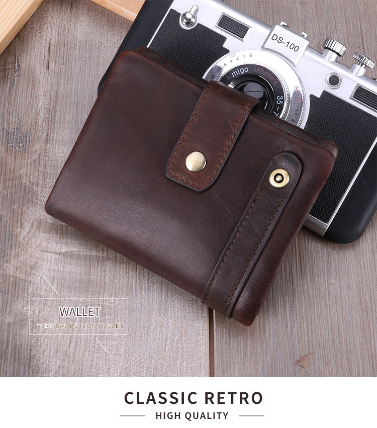 Men's Top-Grain Leather RFID Bifold Wallet – Coin Pocket & Multi-Card Holder