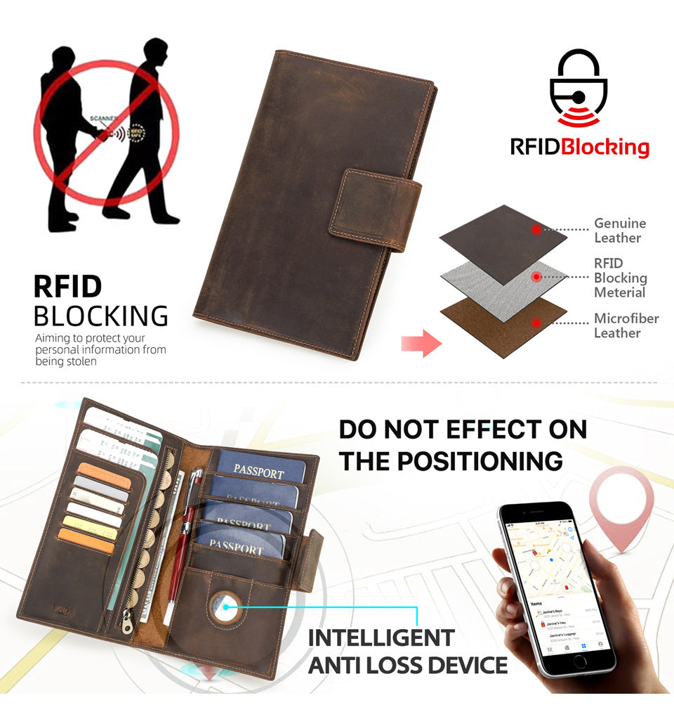 Family RFID Leather Passport Organizer with AirTag Slot – Anti-Theft Travel Wallet