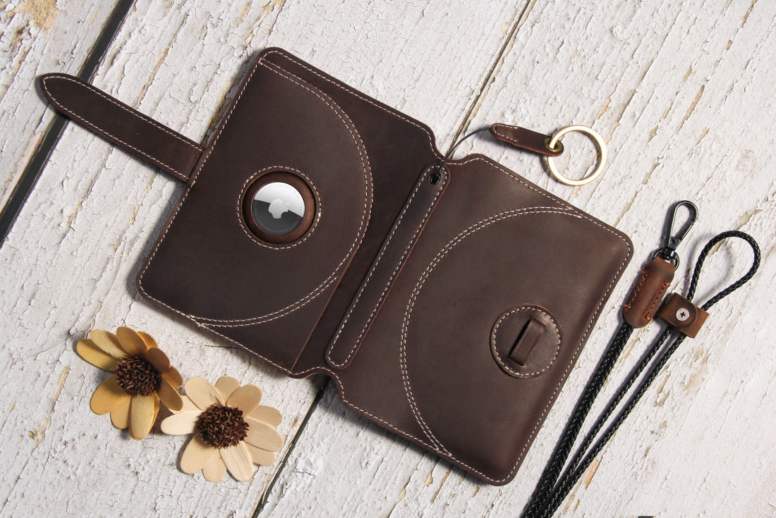 Crazy Horse Leather RFID Passport Holder with AirTag Slot – Travel Wallet Organizer