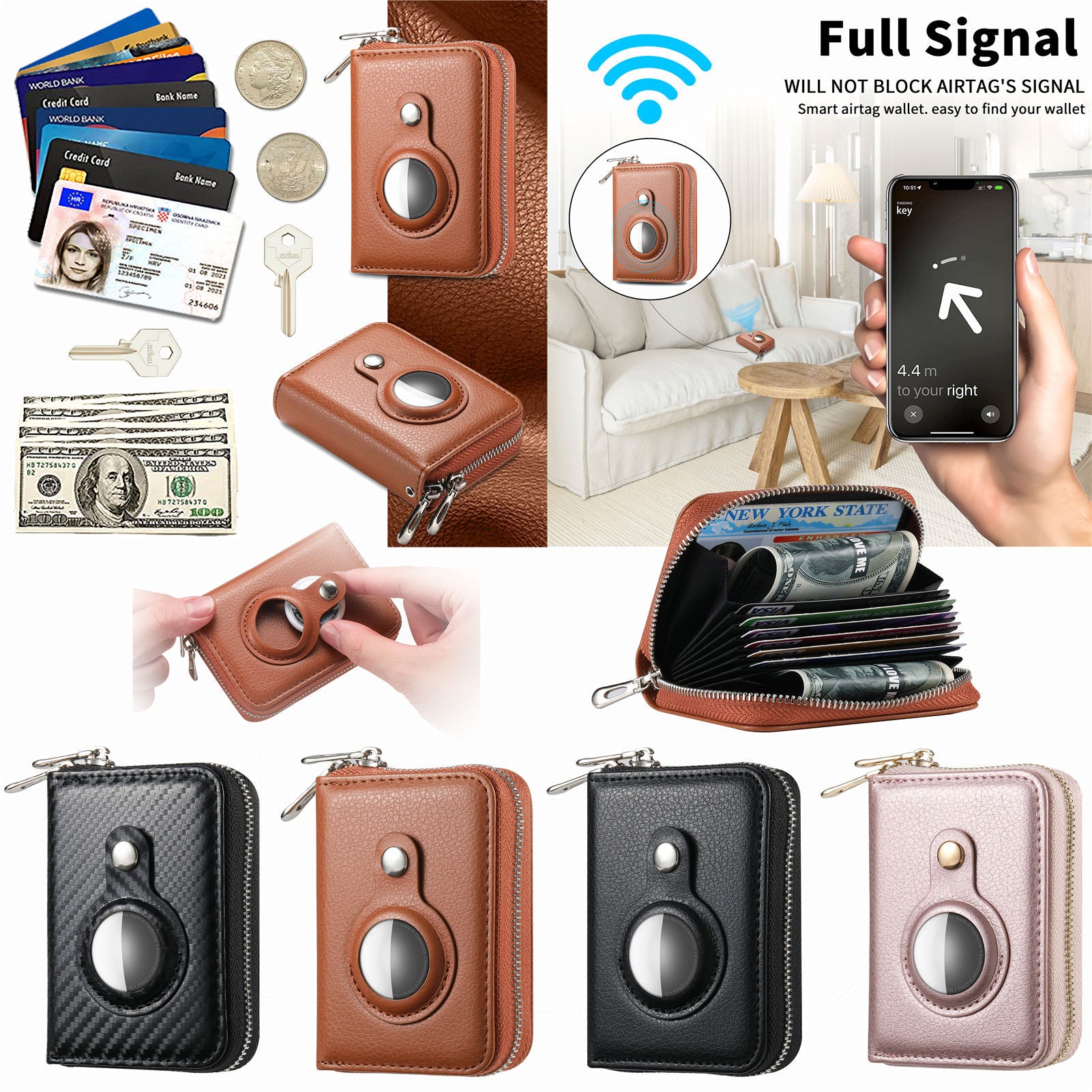 Men's AirTag Wallet – Premium Vegan Leghter RFID Double Zip Card Organizer