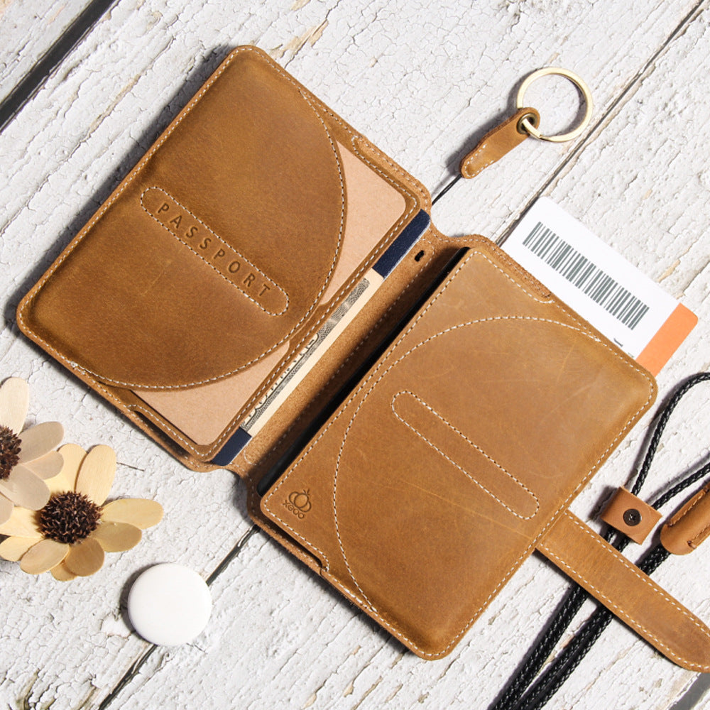 Crazy Horse Leather RFID Passport Holder with AirTag Slot – Travel Wallet Organizer