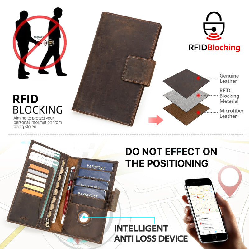 Family RFID Leather Passport Organizer with AirTag Slot – Anti-Theft Travel Wallet