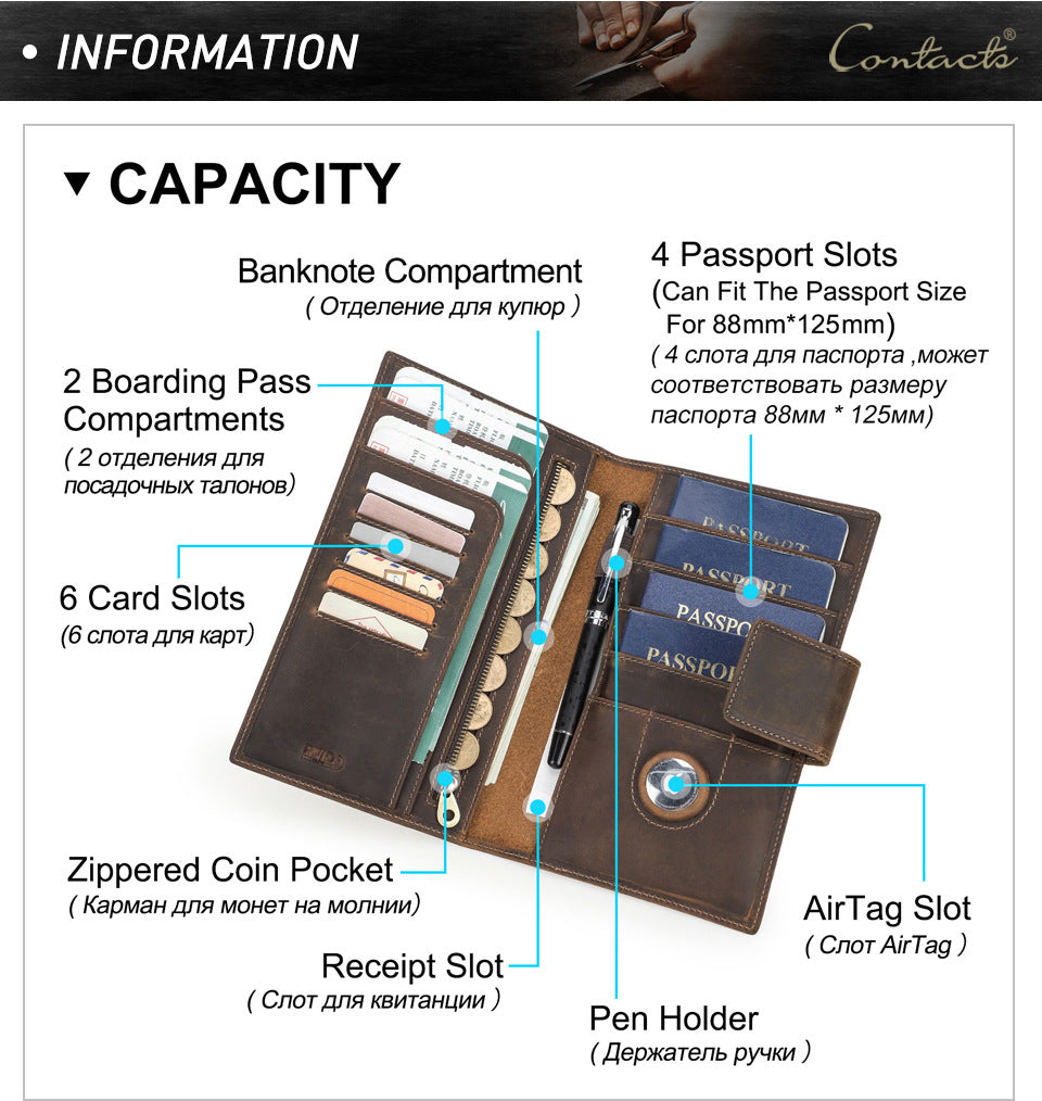 Family RFID Leather Passport Organizer with AirTag Slot – Anti-Theft Travel Wallet