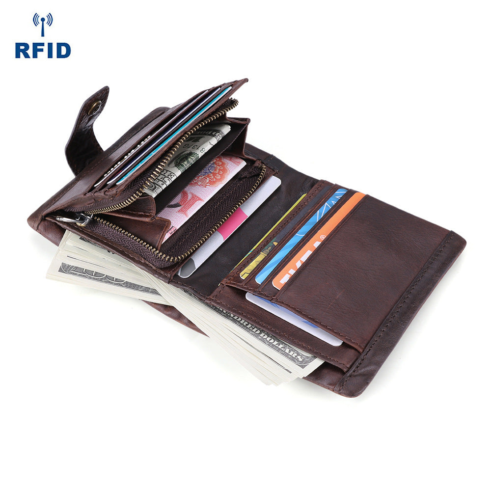 Men's Top-Grain Leather RFID Bifold Wallet – Coin Pocket & Multi-Card Holder