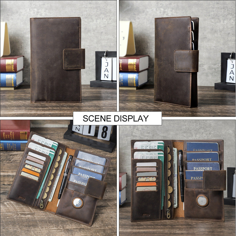 Family RFID Leather Passport Organizer with AirTag Slot – Anti-Theft Travel Wallet