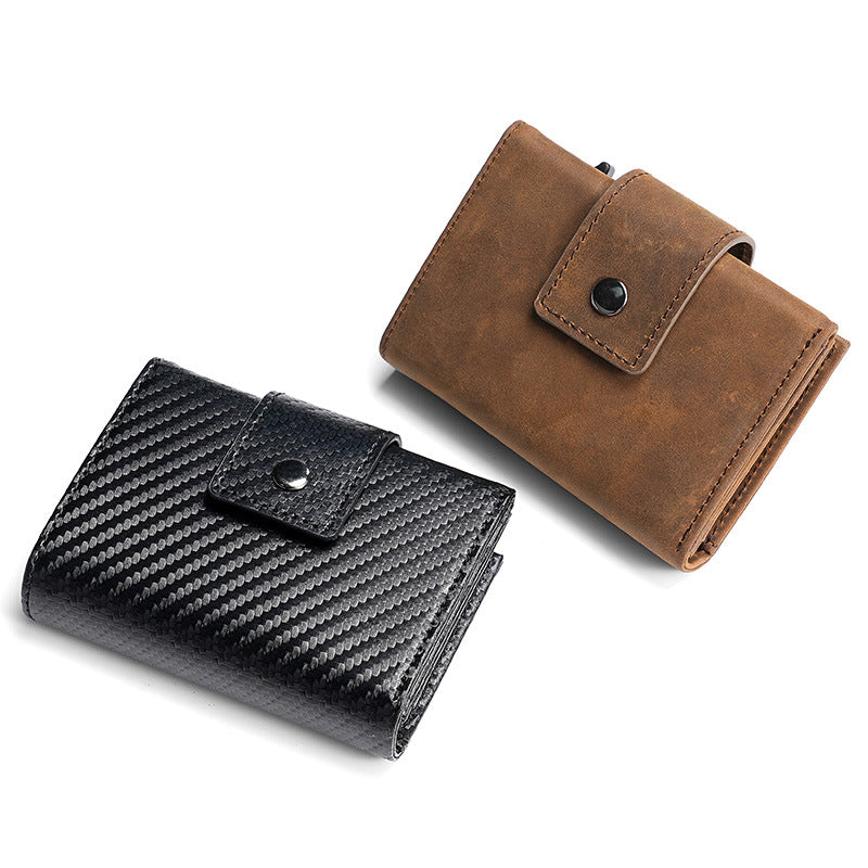 Men's Carbon Fiber & Leather AirTag Wallet – RFID Blocking with Pop-Up Card Access