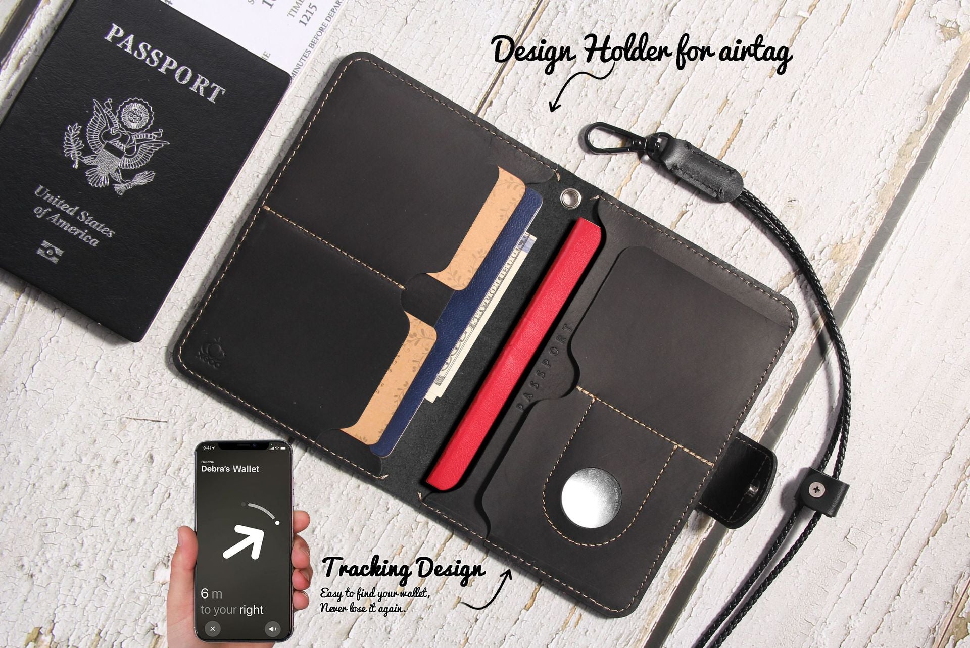 Genuine Leather Family RFID Passport Holder with AirTag Slot – Luxury Travel Document Organizer